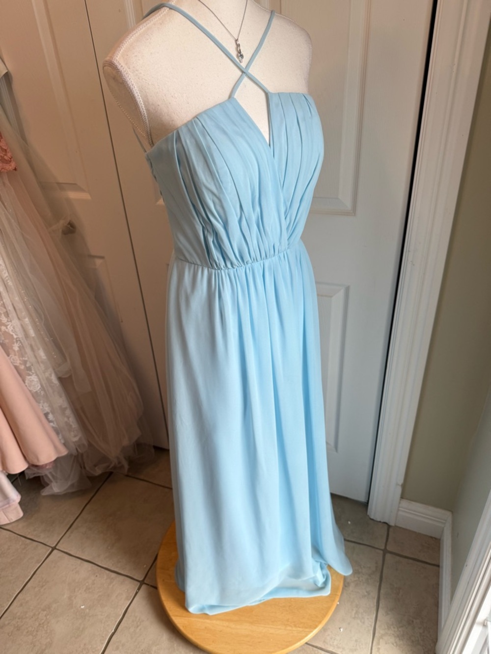 Bill Levkoff Light Blue Chiffon Cross-Back A-Line Gown